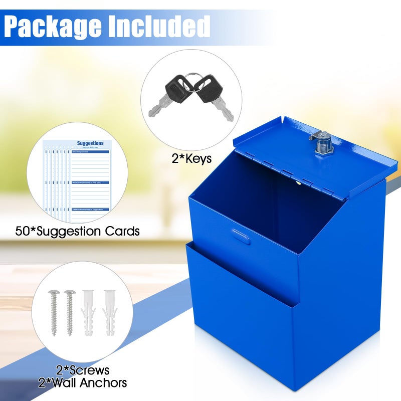 KYODOLED Suggestion Box with Lock, Metal Wall Mounted Donation and Ballot Drop Box with Slot & 2 Keys, 50 Free Suggestion Cards, 8H x 5.7W x 7L Inch, Blue - Image 3